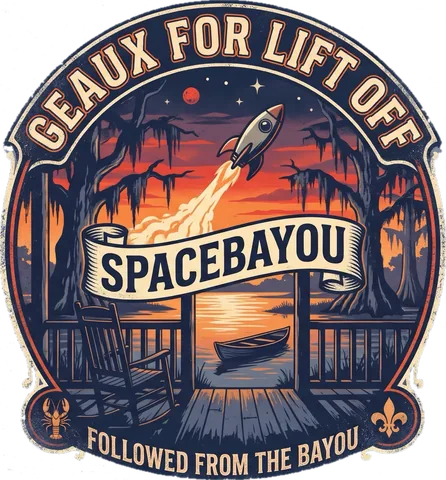 The spacebayou emblem: a rocket climbing over a Louisiana bayou porch at sunset, with Mars in the sky. It reads Geaux for lift off, Spacebayou, Followed from the bayou.